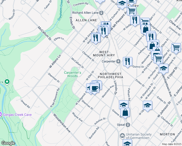 map of restaurants, bars, coffee shops, grocery stores, and more near 461 West Ellet Street in Philadelphia