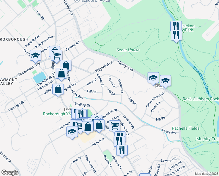map of restaurants, bars, coffee shops, grocery stores, and more near 7341 Hill Road in Philadelphia