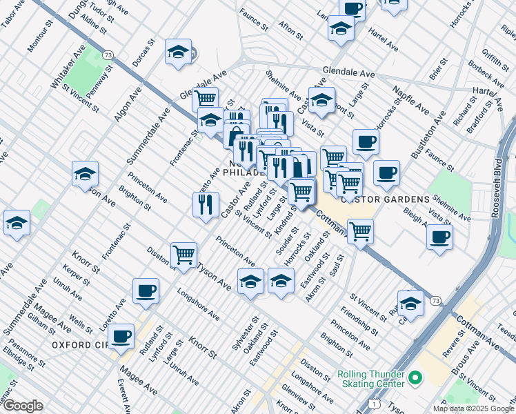 map of restaurants, bars, coffee shops, grocery stores, and more near 7230 Lynford Street in Philadelphia