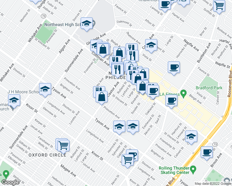 map of restaurants, bars, coffee shops, grocery stores, and more near 7212 Rutland Street in Philadelphia