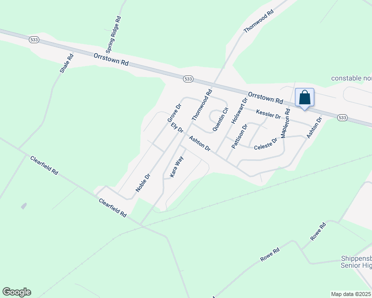 map of restaurants, bars, coffee shops, grocery stores, and more near 108 Central Way in Shippensburg