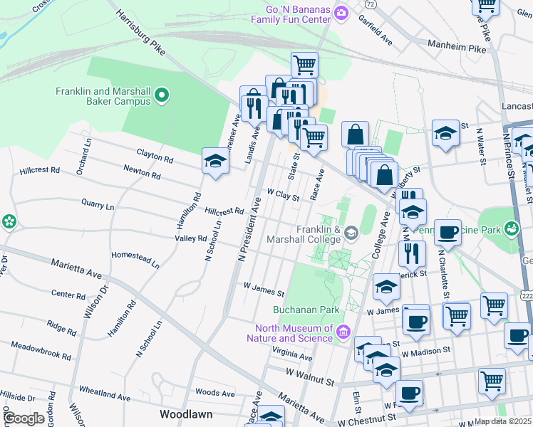 map of restaurants, bars, coffee shops, grocery stores, and more near 1125 West New Street in Lancaster