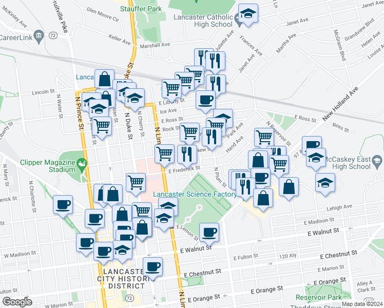 map of restaurants, bars, coffee shops, grocery stores, and more near 308 East New Street in Lancaster