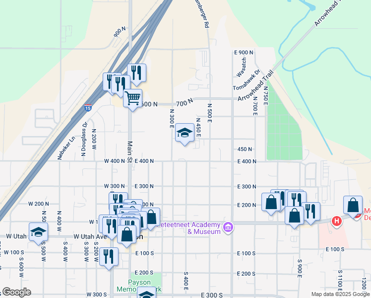 map of restaurants, bars, coffee shops, grocery stores, and more near 456 North 300 East in Payson