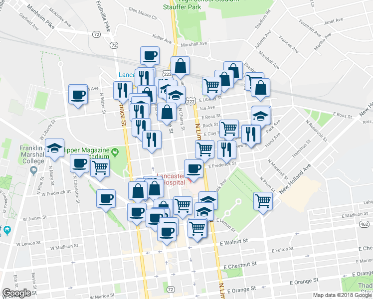 map of restaurants, bars, coffee shops, grocery stores, and more near 127 East New Street in Lancaster