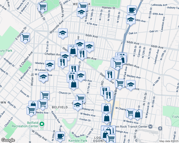 map of restaurants, bars, coffee shops, grocery stores, and more near 6246 North 17th Street in Philadelphia