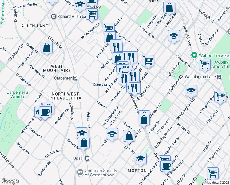 map of restaurants, bars, coffee shops, grocery stores, and more near 105 West Hortter Street in Philadelphia