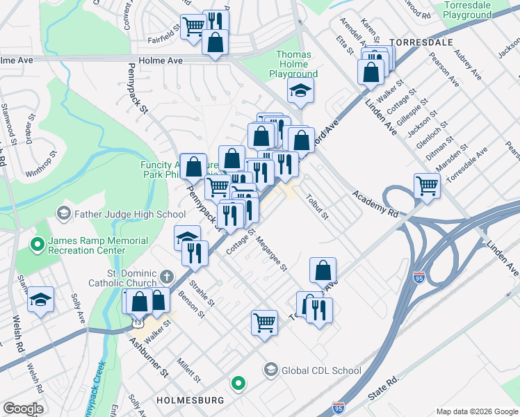 map of restaurants, bars, coffee shops, grocery stores, and more near 8813 Frankford Avenue in Philadelphia