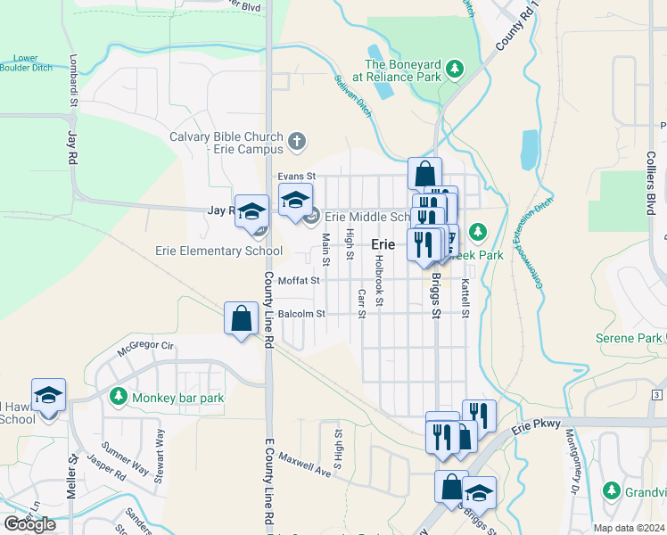 map of restaurants, bars, coffee shops, grocery stores, and more near 585 Main Street in Erie