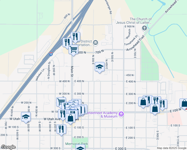 map of restaurants, bars, coffee shops, grocery stores, and more near 485 North 300 East in Payson