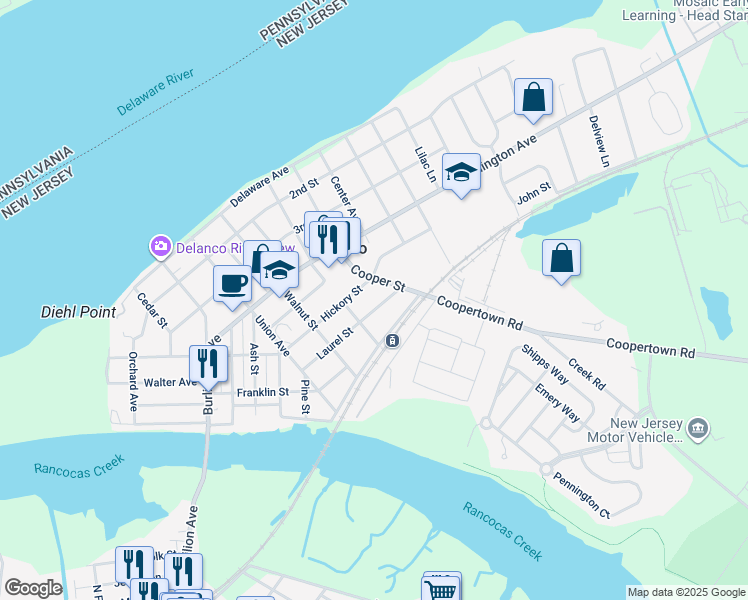 map of restaurants, bars, coffee shops, grocery stores, and more near 618 Cooper Street in Delanco