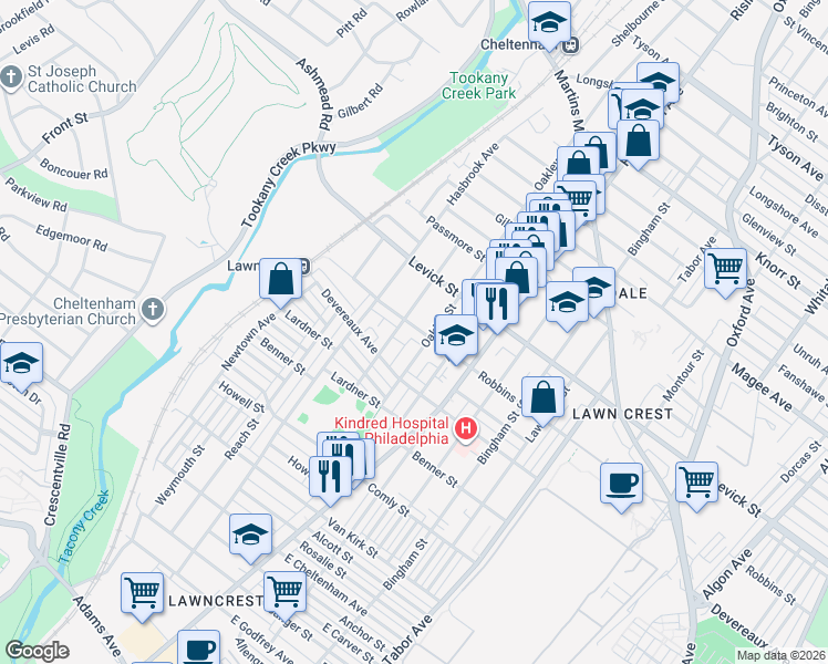 map of restaurants, bars, coffee shops, grocery stores, and more near 6307 Shelbourne Street in Philadelphia