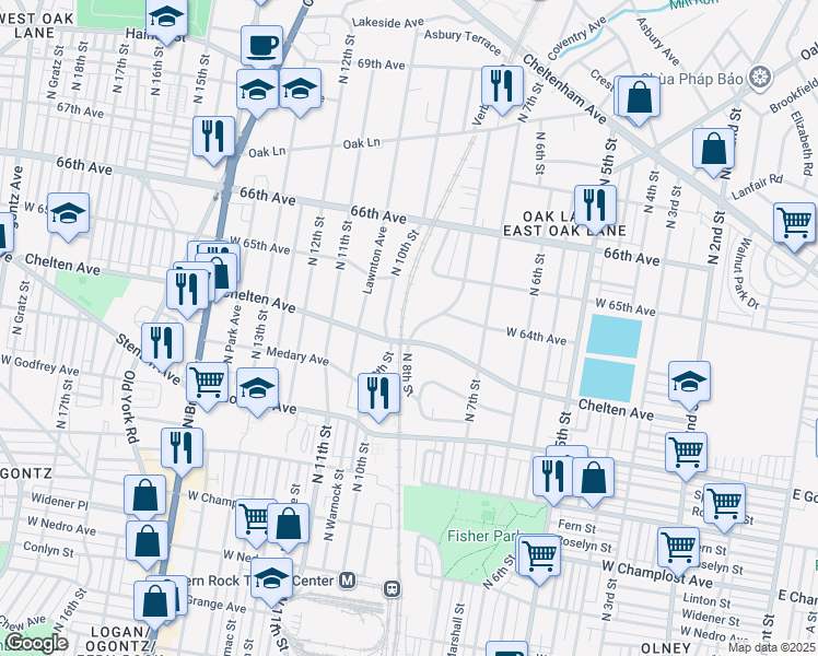 map of restaurants, bars, coffee shops, grocery stores, and more near 6413 North 10th Street in Philadelphia