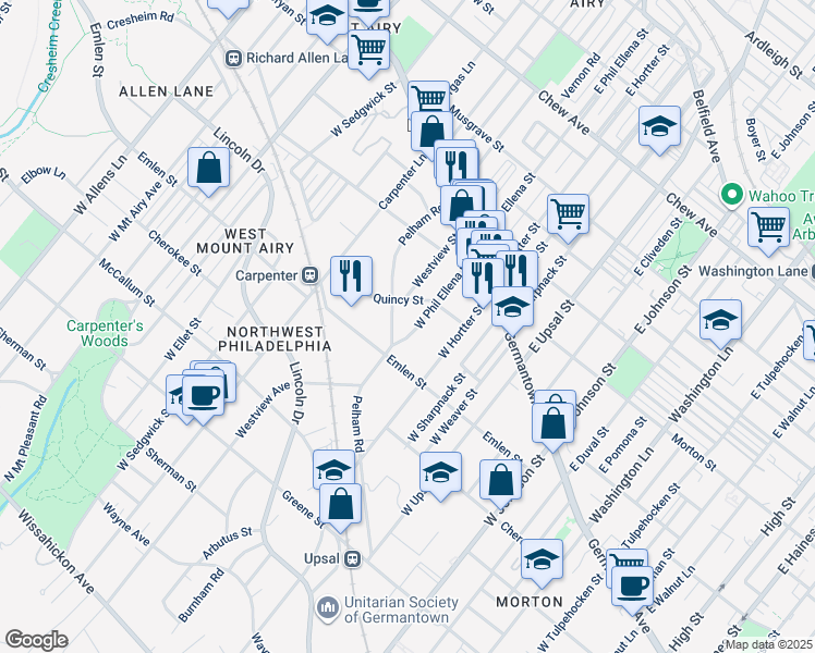 map of restaurants, bars, coffee shops, grocery stores, and more near 137 West Phil Ellena Street in Philadelphia