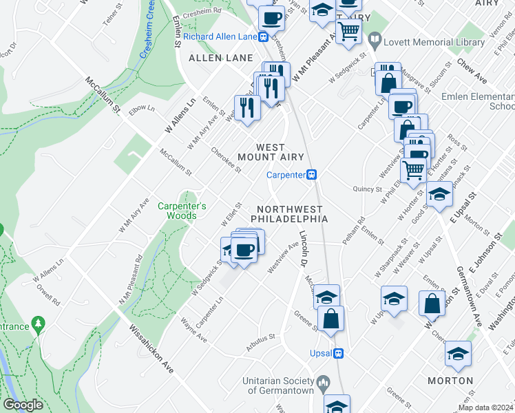 map of restaurants, bars, coffee shops, grocery stores, and more near 400 West Ellet Street in Philadelphia