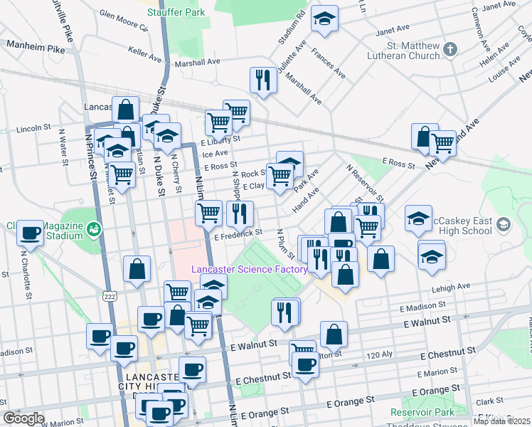 map of restaurants, bars, coffee shops, grocery stores, and more near 701 North Plum Street in Lancaster