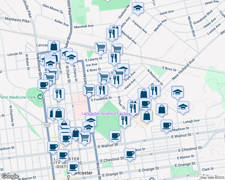 map of restaurants, bars, coffee shops, grocery stores, and more near 311 East New Street in Lancaster