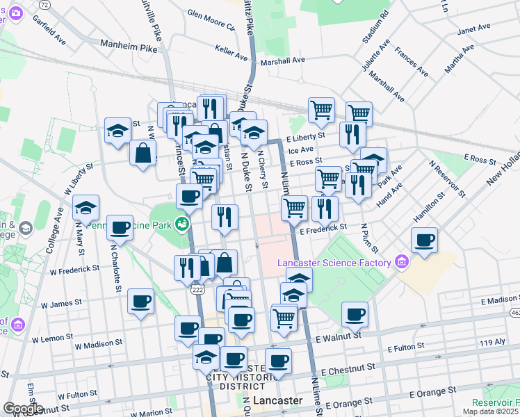 map of restaurants, bars, coffee shops, grocery stores, and more near 126 East Clay Street in Lancaster