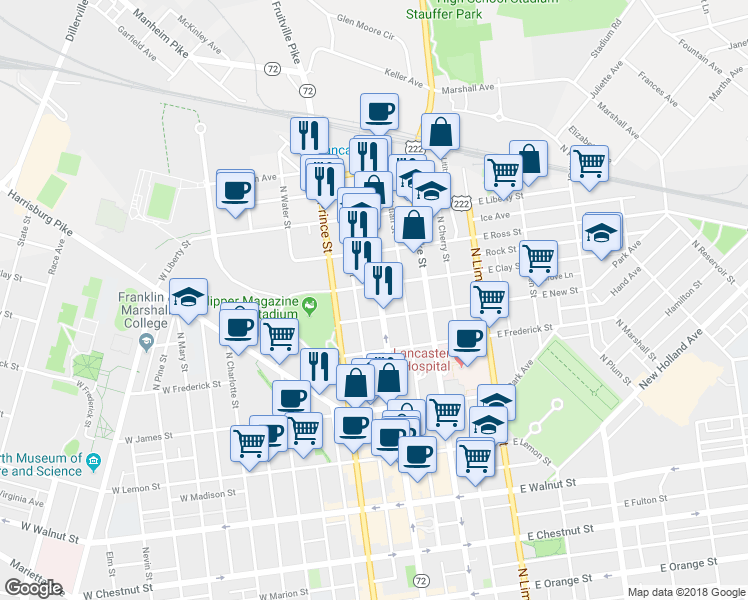 map of restaurants, bars, coffee shops, grocery stores, and more near 801 Pennsylvania 72 in Lancaster