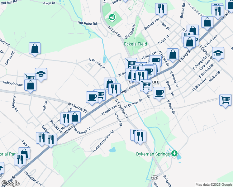 map of restaurants, bars, coffee shops, grocery stores, and more near 103 West King Street in Shippensburg