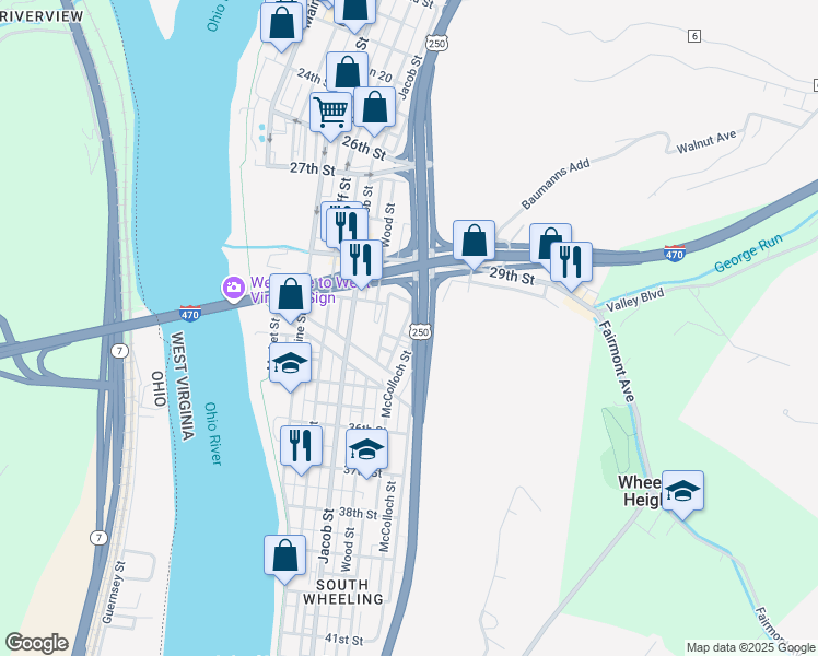 map of restaurants, bars, coffee shops, grocery stores, and more near 118 31st St in Wheeling