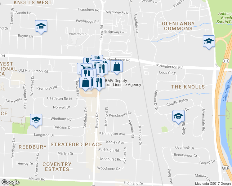map of restaurants, bars, coffee shops, grocery stores, and more near 1040 Folkestone Road in Columbus