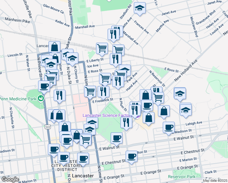 map of restaurants, bars, coffee shops, grocery stores, and more near 338 East New Street in Lancaster