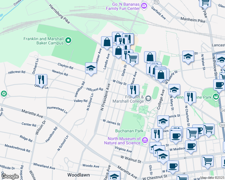 map of restaurants, bars, coffee shops, grocery stores, and more near 1125 West New Street in Lancaster