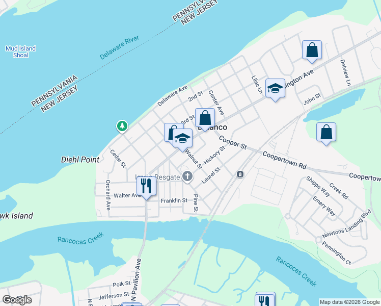map of restaurants, bars, coffee shops, grocery stores, and more near 703 Burlington Avenue in Delanco