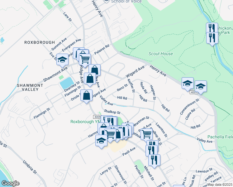 map of restaurants, bars, coffee shops, grocery stores, and more near 630 Renz Street in Philadelphia