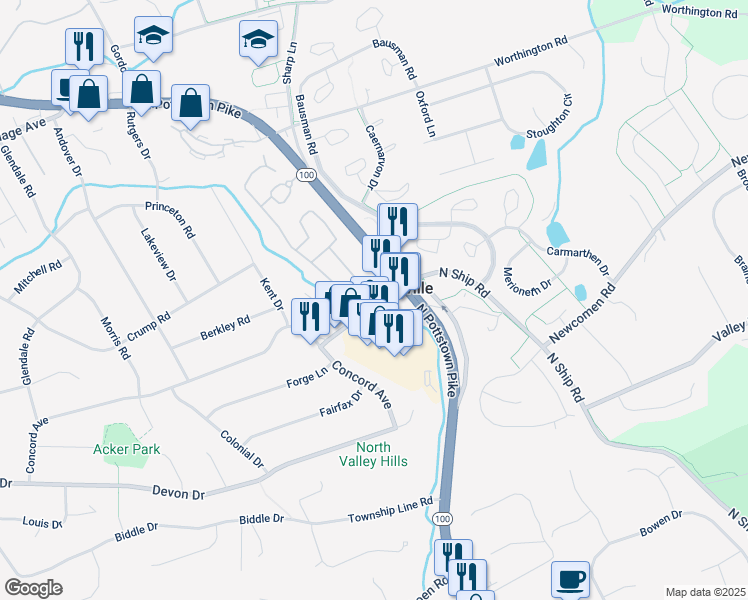 map of restaurants, bars, coffee shops, grocery stores, and more near 16 Coach Lane in Exton