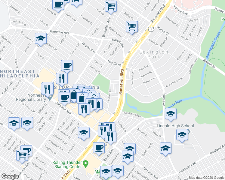 map of restaurants, bars, coffee shops, grocery stores, and more near 7519 Calvert Street in Philadelphia