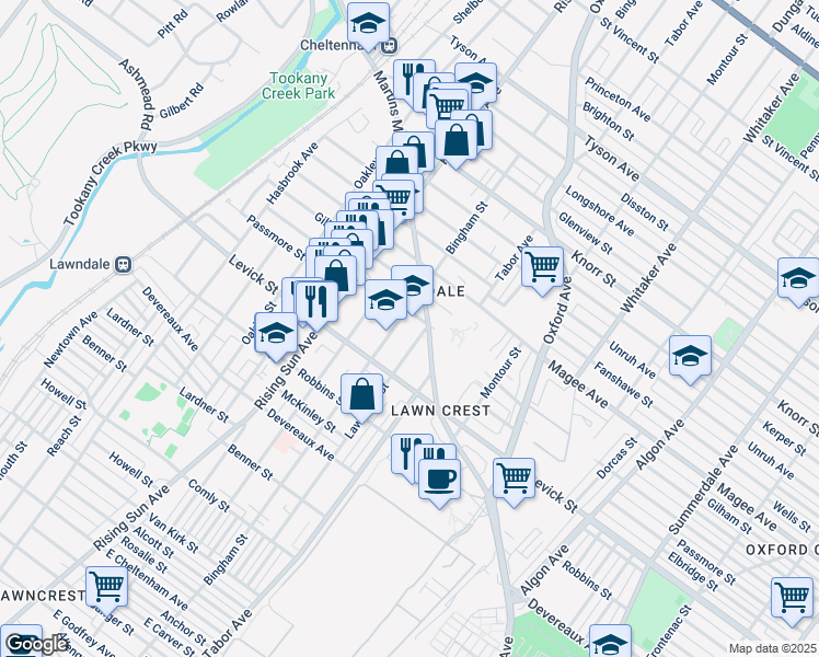 map of restaurants, bars, coffee shops, grocery stores, and more near 600 Hellerman St in Philadelphia