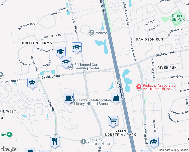 map of restaurants, bars, coffee shops, grocery stores, and more near 4770 Britton Parkway in Hilliard
