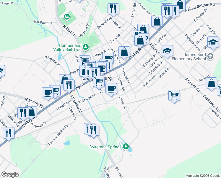 map of restaurants, bars, coffee shops, grocery stores, and more near 30 South Penn Street in Shippensburg