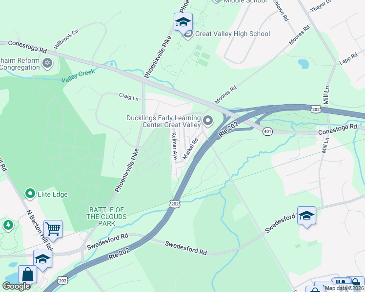 map of restaurants, bars, coffee shops, grocery stores, and more near 24 Markel Road in Malvern