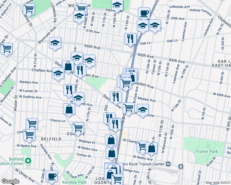 map of restaurants, bars, coffee shops, grocery stores, and more near 6267 Old York Road in Philadelphia