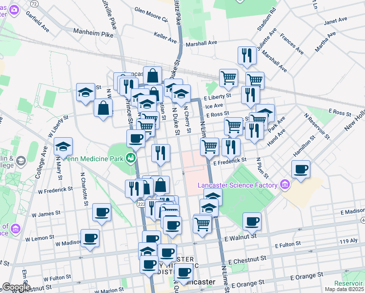map of restaurants, bars, coffee shops, grocery stores, and more near 711 North Duke Street in Lancaster