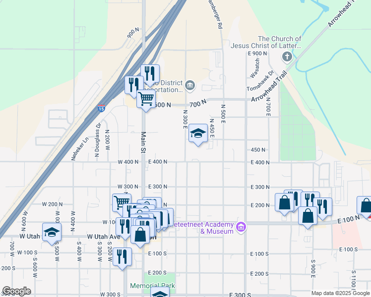 map of restaurants, bars, coffee shops, grocery stores, and more near 456 North 300 East in Payson