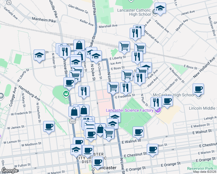 map of restaurants, bars, coffee shops, grocery stores, and more near 721 Pennsylvania 272 in Lancaster