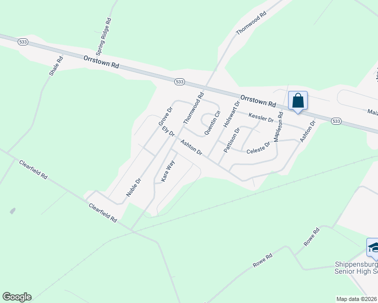 map of restaurants, bars, coffee shops, grocery stores, and more near 1265 Ashton Drive in Shippensburg