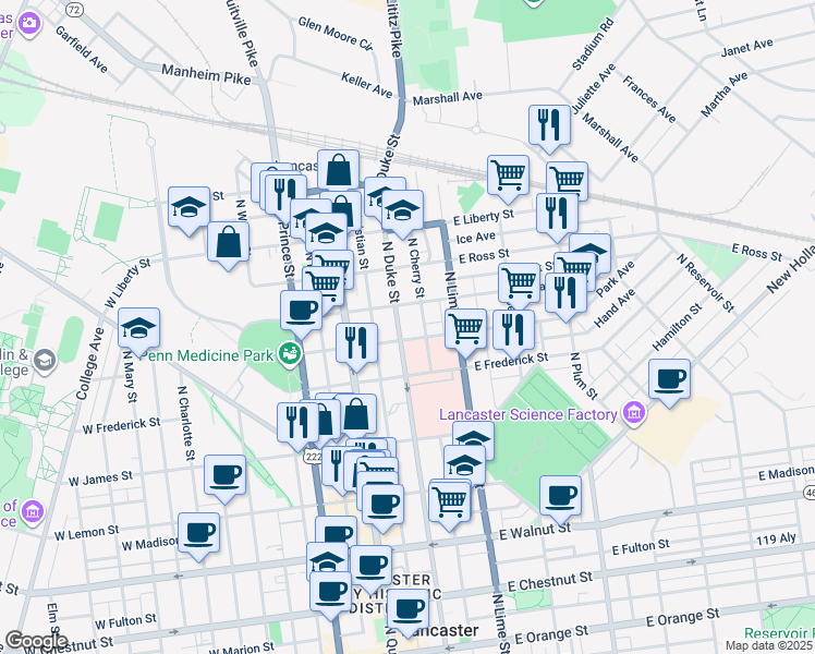 map of restaurants, bars, coffee shops, grocery stores, and more near 711 North Duke Street in Lancaster