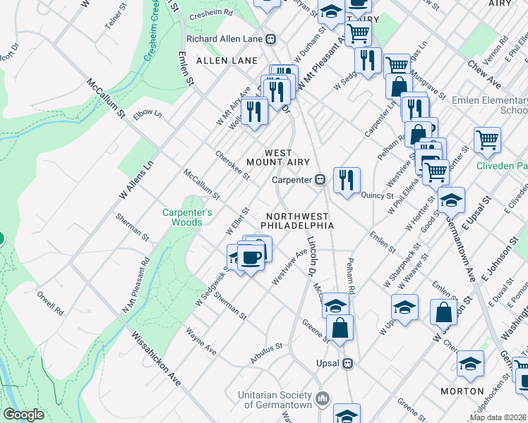 map of restaurants, bars, coffee shops, grocery stores, and more near 400 West Ellet Street in Philadelphia