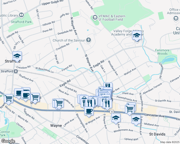 map of restaurants, bars, coffee shops, grocery stores, and more near 420 North Wayne Avenue in Wayne
