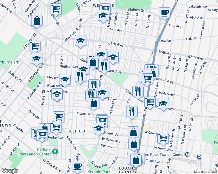 map of restaurants, bars, coffee shops, grocery stores, and more near 6254 North Bouvier Street in Philadelphia