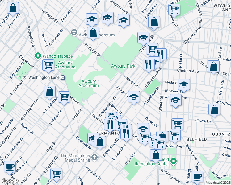 map of restaurants, bars, coffee shops, grocery stores, and more near 935 East Rittenhouse Street in Philadelphia