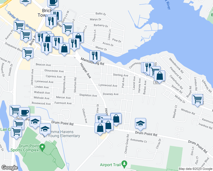 map of restaurants, bars, coffee shops, grocery stores, and more near 479 Monmouth Avenue in Brick