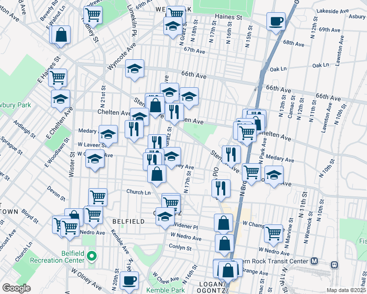 map of restaurants, bars, coffee shops, grocery stores, and more near 6254 North Bouvier Street in Philadelphia