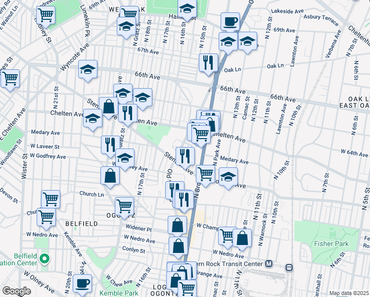 map of restaurants, bars, coffee shops, grocery stores, and more near 6269 Old York Road in Philadelphia