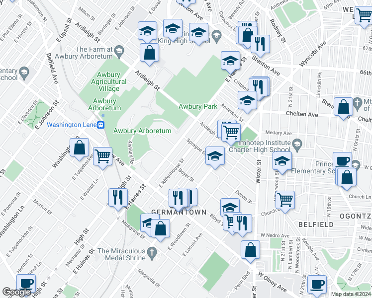 map of restaurants, bars, coffee shops, grocery stores, and more near 935 East Rittenhouse Street in Philadelphia